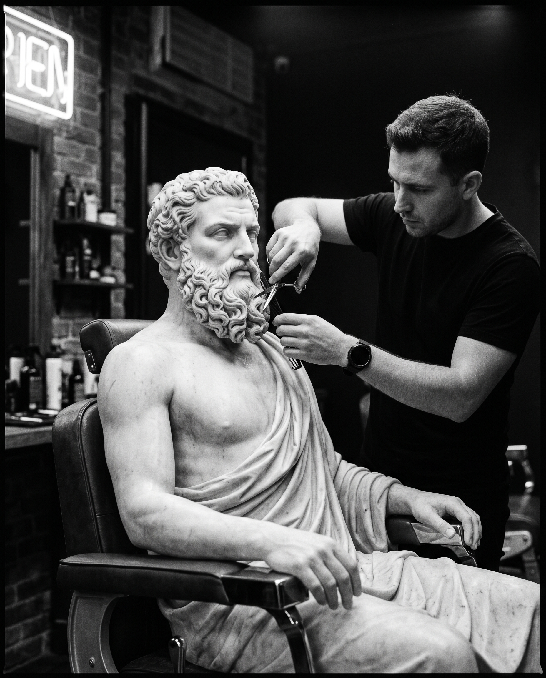 A barber grooming the marble beard of a classical statue, monochrome
