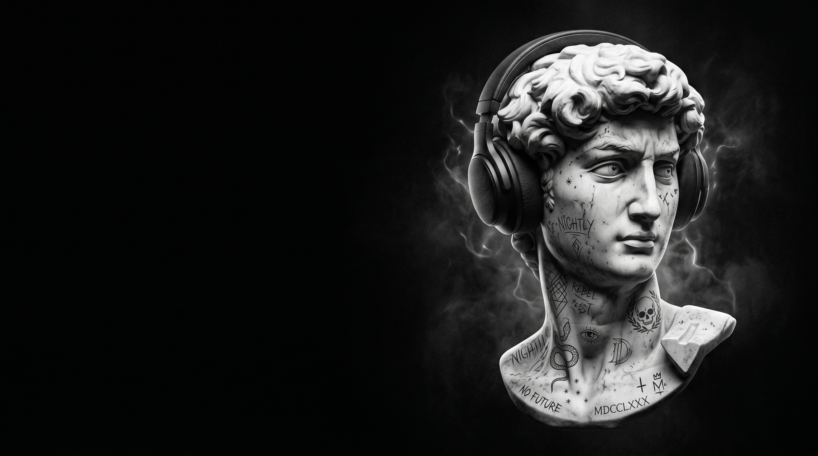 Classical marble bust with modern headphones and tattoos, black and white