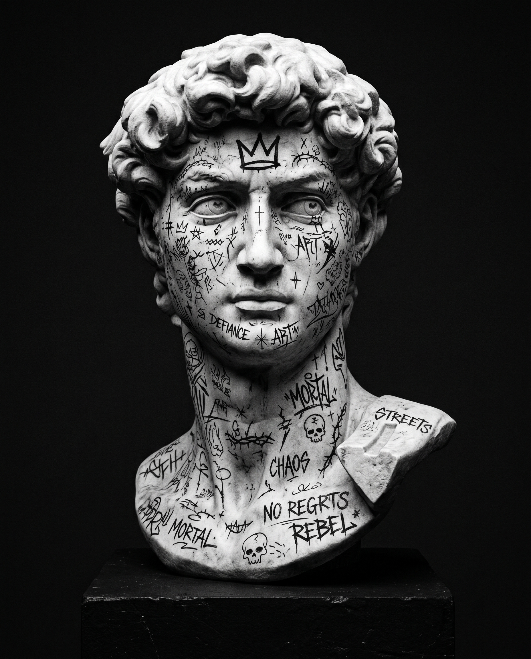 Marble David covered in graffiti tattoos