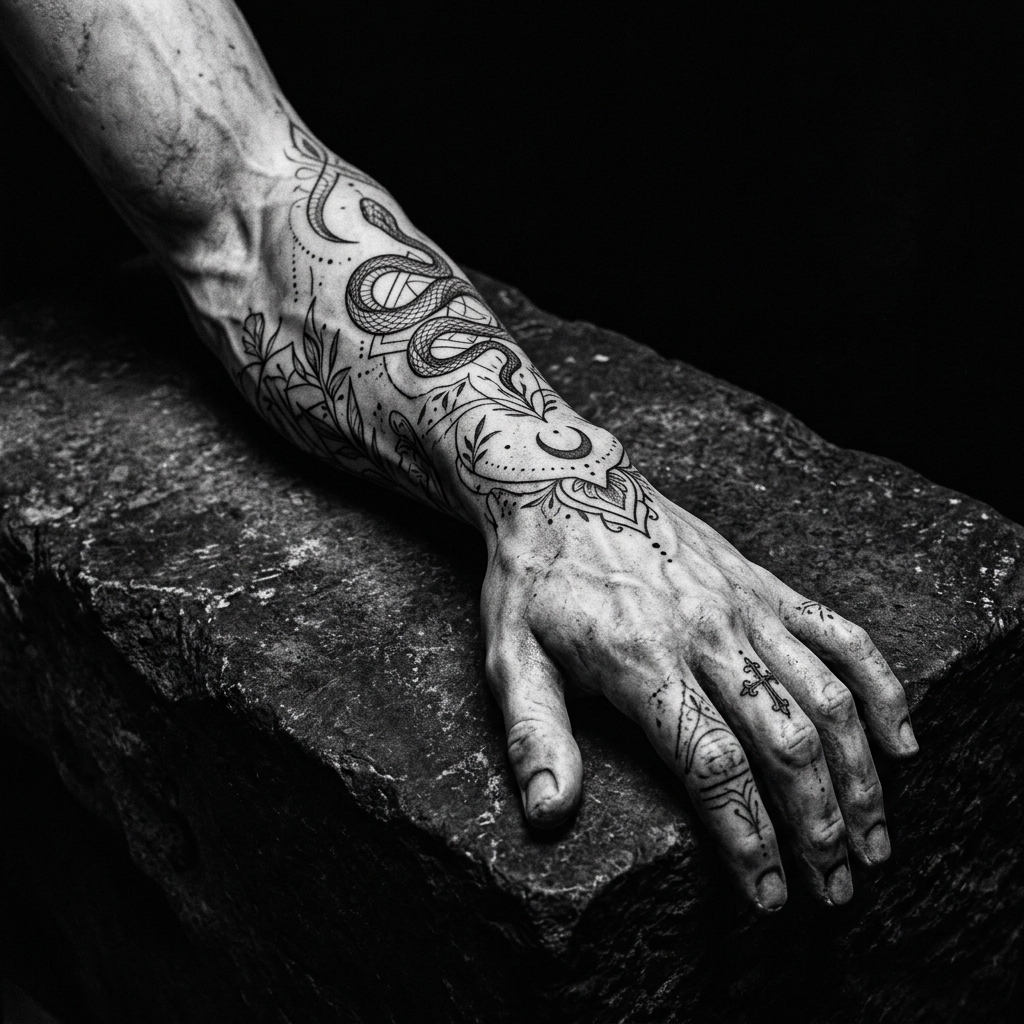 Fine-line tattoo detail on marble